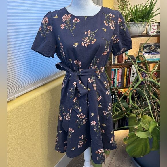 Modcloth x Princess Highway - Navy Floral Bee Dress 🐝 Size 14 Belted - Picture 1 of 7